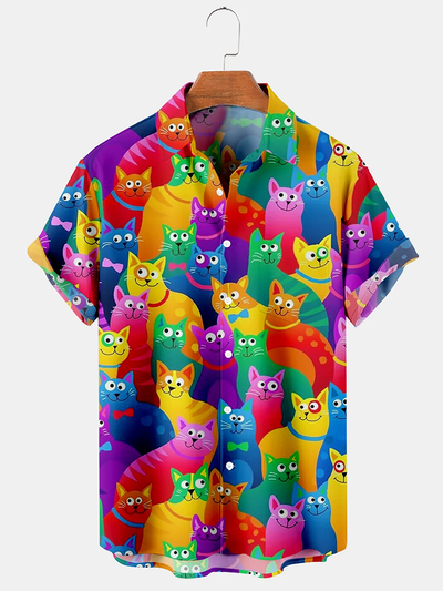 Fydude Men's Fun and Cute Cat Print Pocket Short Sleeve Shirt