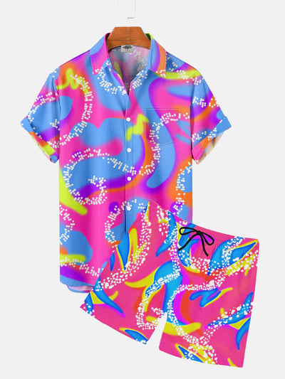 Men'S Pink KEN Same Style Beach Print Hawaiian Shirt Set