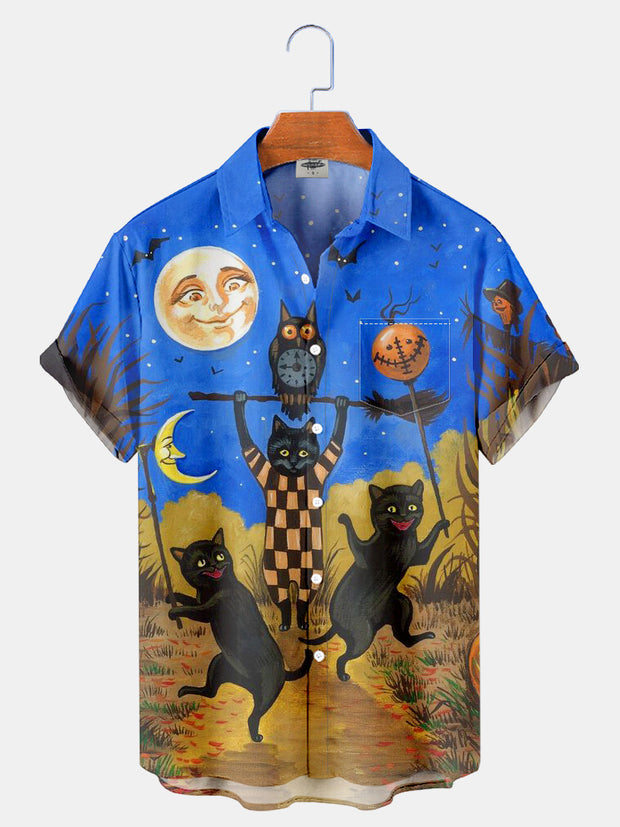 Fydude Men'S Halloween Black Cat Printed Shirt