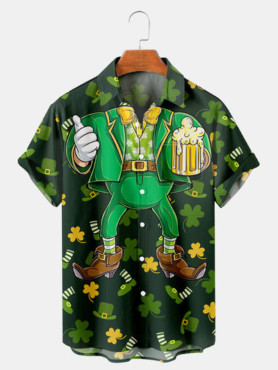 Fydude Men'S St. Patrick'S Day Clover Gold Coins And Elf Print Short Sleeve Shirt