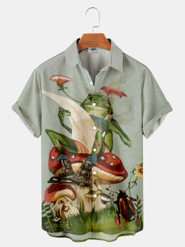 Fydude Men'S Mushroom And Frog Printed Shirt