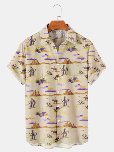 Fydude Men'S Western Cactuses Print Short Sleeve Shirt