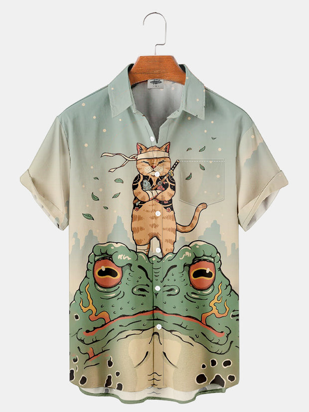 Fydude Men'S Ukiyo-E Cat And Frog Printed Shirt
