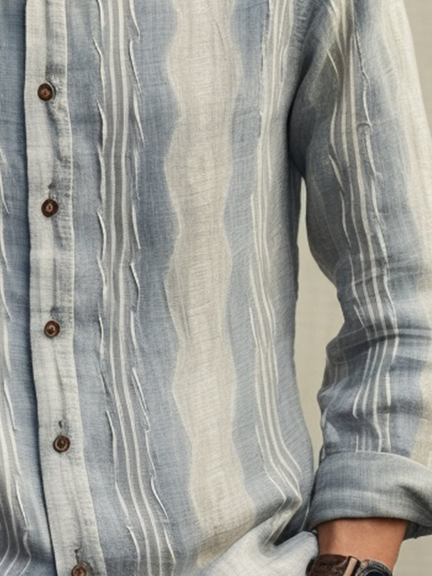 Fydude Men'S Stripe Cotton Linen Long Sleeves Shirt