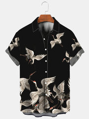 Fydude Men'S Ukiyo-E Oriental Crane Printed Shirt