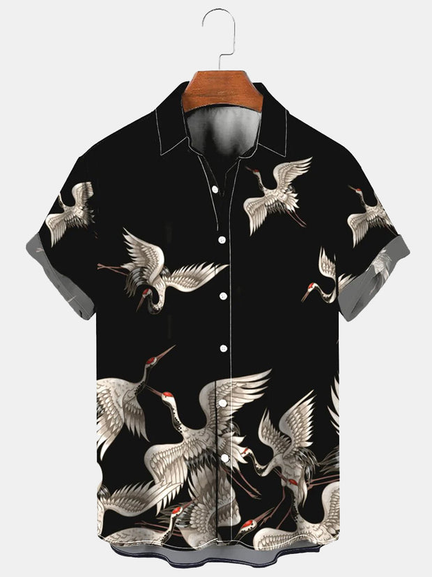 Fydude Men'S Ukiyo-E Oriental Crane Printed Shirt