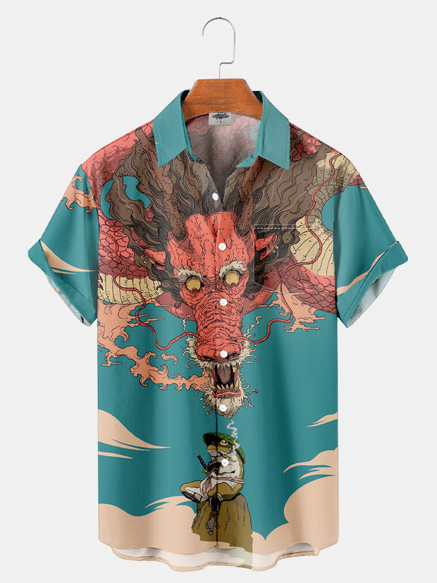 Fydude Men'S Ukiyo-E Dragon And Frog Printed Shirt