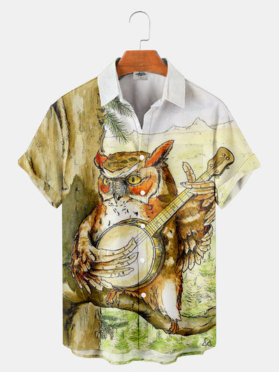 Fydude Men'S Owl And Music Printed Shirt