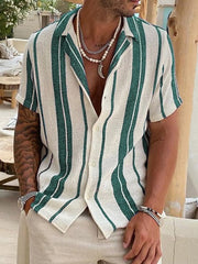 Fydude Men'S Vacation Striped Cotton linen Shirt