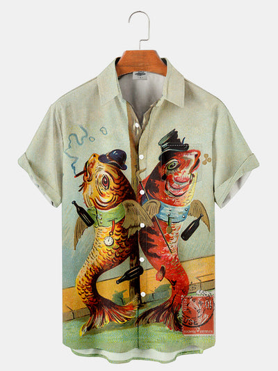 Fydude Men'S Ukiyoe Fish Printed Shirt