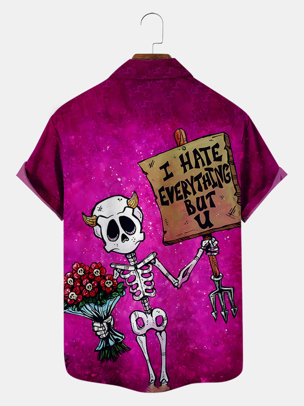 Fydude Men'S Valentine'S Day Skeleton Love I Hate Everything But You Print Short Sleeve Shirt