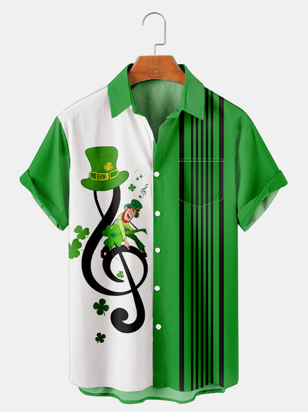 Fydude Men'S St. Patrick'S Day Clover Music Print Short Sleeve Shirt