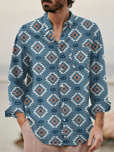 Fydude Men'S Western Geometry Print Cotton Linen Long Sleeves Shirt