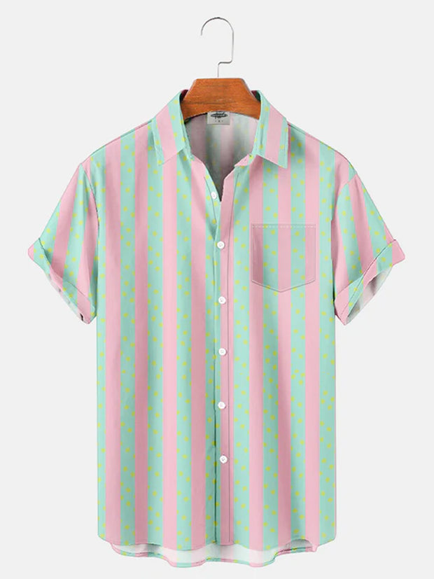 Men'S Pink KEN Same Style Beach Stripe Print Hawaiian Shirt Set – Fydude