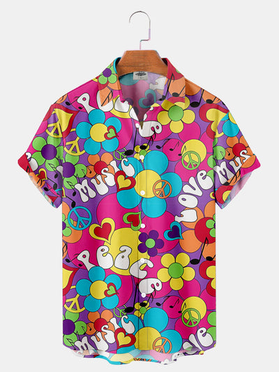 Fydude Men'S Hawaiian Hippie FLOWER POWER LOVE PEACE MUSIC Printed Shirt