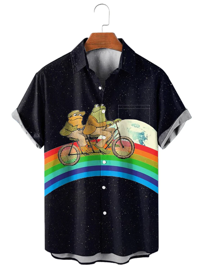 Fydude Men's Frog and Toad Rainbow Print Shirt