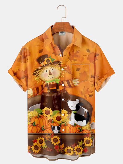Fydude Men'S Thanksgiving Scarecrow And Dog Printed Shirt