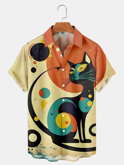Fydude Men'S Cat Color Block Atomic Geometry in the 1950s Printed Shirt