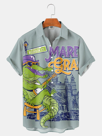 Fydude Men'S Mardi Gras Crocodile Guitar Print Short Sleeve Shirt