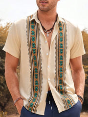 Fydude Men'S Stripe Ethnic Geometric Shapes Print Cotton Linen Shirt
