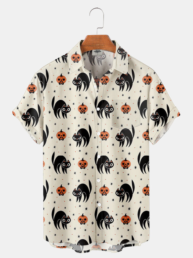 Fydude Men'S Halloween Black Cat And Pumpkin Printed Shirt