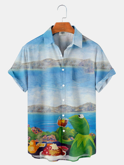 Fydude Men'S Renaissance Oil Painting Art And Frog Beach Picnic Printed Shirt