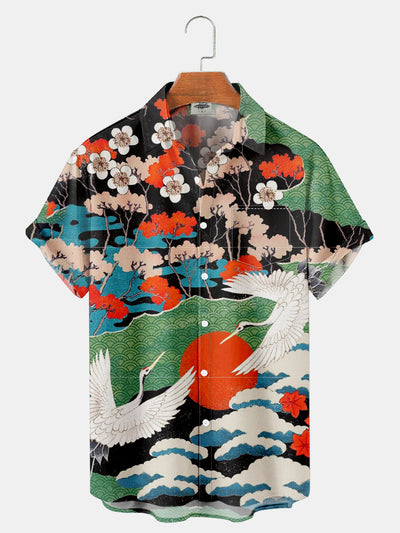 Fydude Men'S Ukiyoe Sea Waves Cherry Blossoms and Cranes Printed Shirt