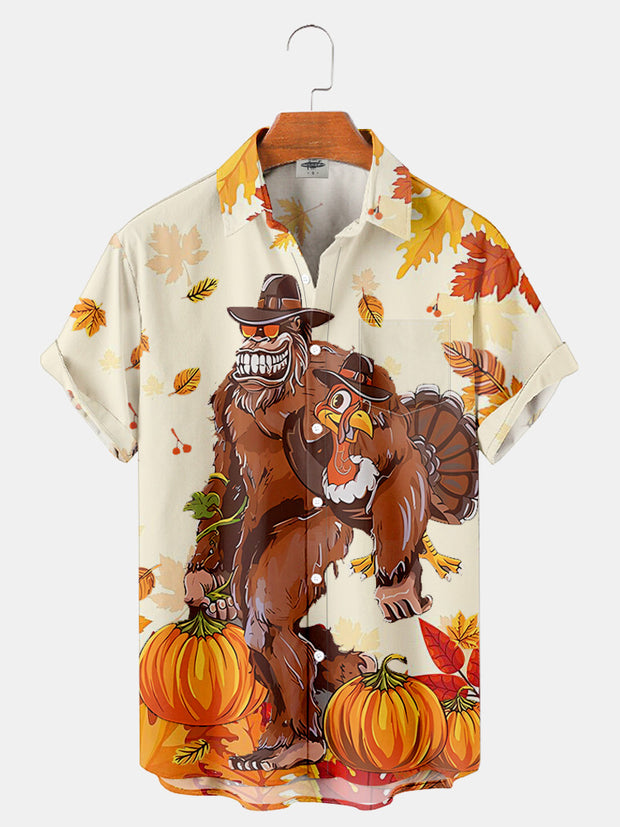 Fydude Men'S Thanksgiving Turkey And Bigfoot Maple Leaf Printed Shirt