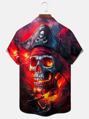 Vintage Skull Print Men's Button Pocket Hawaiian Short Sleeve Shirt Big Tall