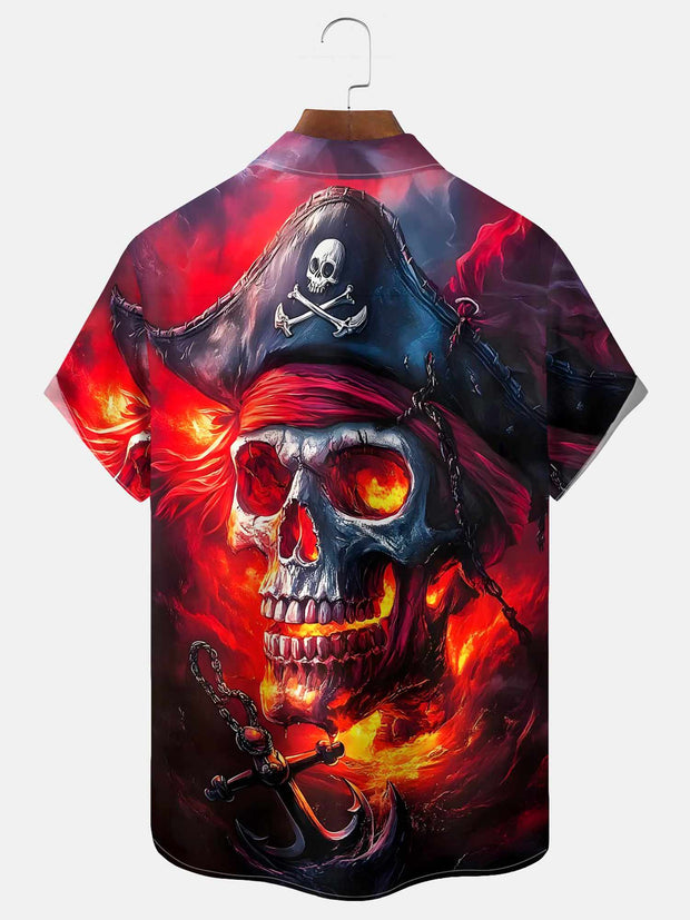 Vintage Skull Print Men's Button Pocket Hawaiian Short Sleeve Shirt Big Tall