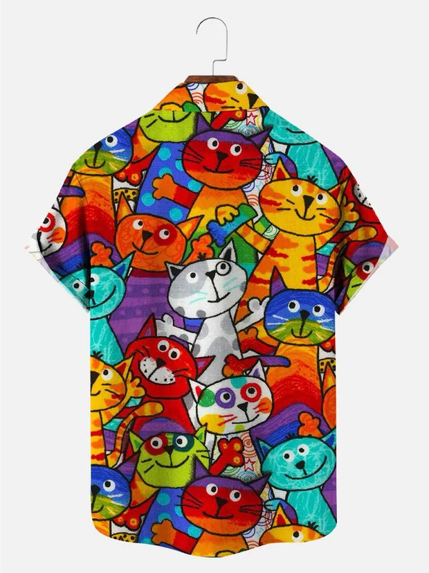 Fydude Men's Casual Funny Cat Short Sleeve Shirt
