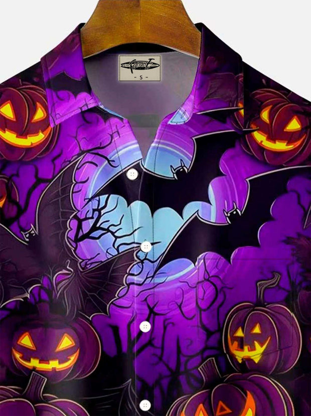 Halloween Pumpkin 3D Digital Print Men's Button Pocket Short Sleeve Shirt Big & Tall