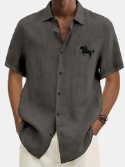 Fydude Men's Solid Color Cowboy Equestrian Print Cotton Linen Shirt