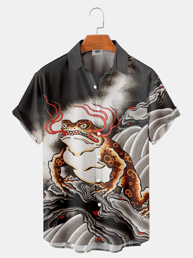 Fydude Men'S Ukiyo-E Waves And Frogs Printed Shirt