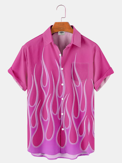 Fydude Men'S KEN Same Style Pink Fire Printed Shirt