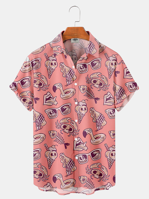 Fydude Men'S Pink Halloween Vacation Skull Crab, Fish Bones Printed Shirt
