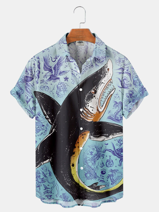 Fydude Men'S Ocean Shark Tatto Printed Shirt