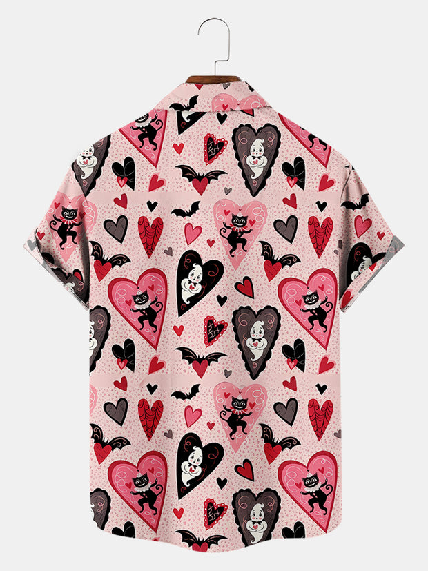 Fydude Men'S Valentine'S Day Love Cat And Ghost Print Short Sleeve Shirt