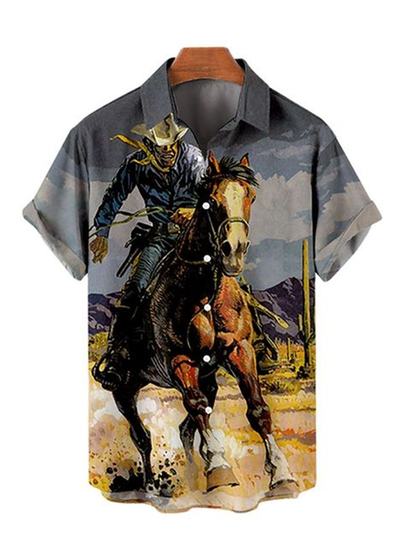 Fydude Men's Western Cowboy Print Shirt
