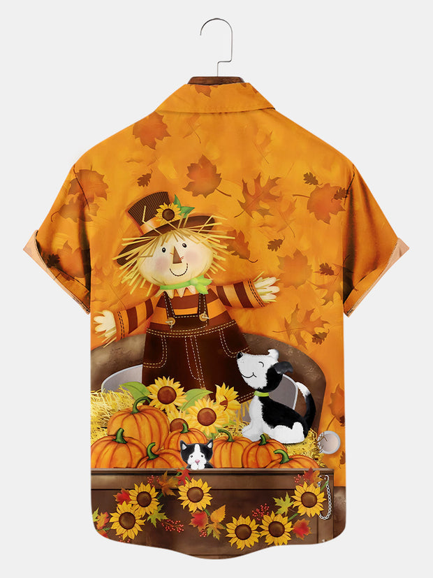 Fydude Men'S Thanksgiving Scarecrow And Dog Printed Shirt