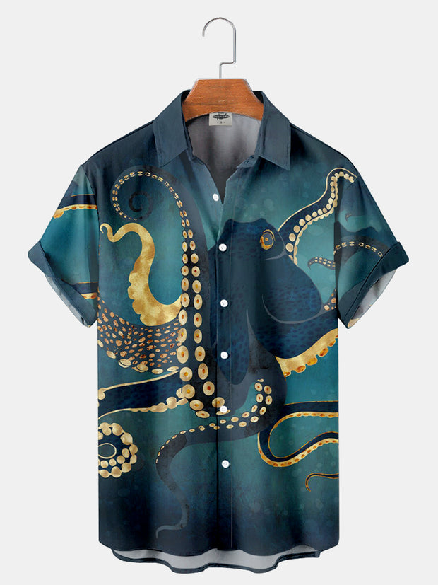 Fydude Men'S Ocean Gilded Octopus Printed Shirt