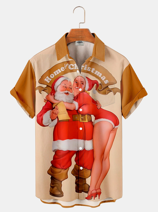 Fydude Men'S Christmas Santa Pin-up Girl Printed Shirt