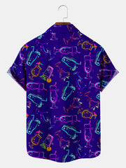 Fydude Men'S Mardi Gras Cocktail Print Short Sleeve Shirt