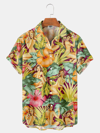 Fydude Men'S Island Flower And Pin Up Girl Printed Shirt