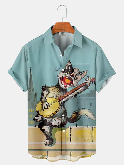 Fydude Men'S Cat And Music Printed Shirt