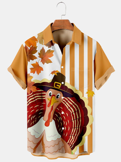 Fydude Men'S Thanksgiving Maple Leaves And Turkey Printed Shirt