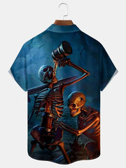 Halloween Skull Cartoon Print Men's Chest Pocket Stretch Shirt Big Tall