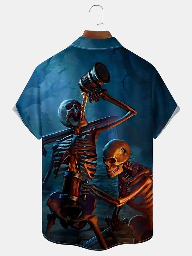 Halloween Skull Cartoon Print Men's Chest Pocket Stretch Shirt Big Tall