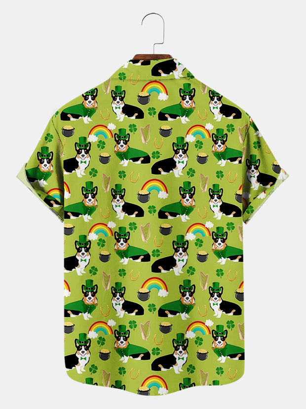 Fydude Men'S St. Patrick'S Day Clover Dog And Rainbow Print Short Sleeve Shirt