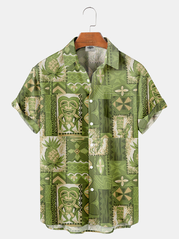 Fydude Men'S TIKI And Pineapple Hawaii Island Printed Shirt